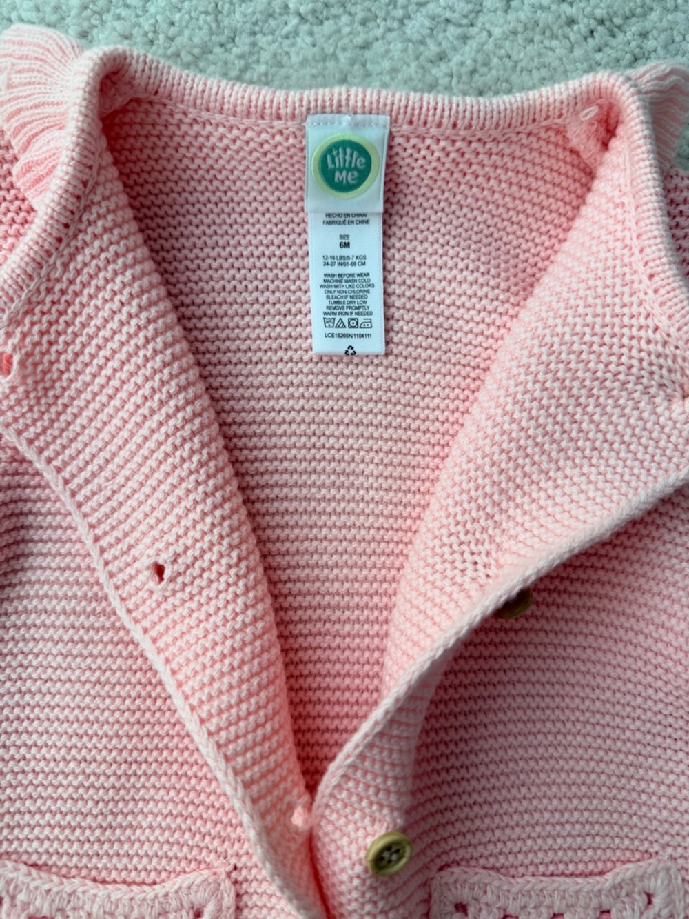 Little Me Pink Knit One-Piece with Crochet Pocket and ruffled neckline - Picture 7 of 9
